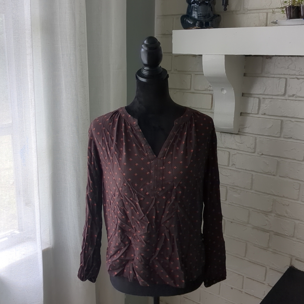 **3/$10** LOFT Chocolate Blouse with Crimson Accents